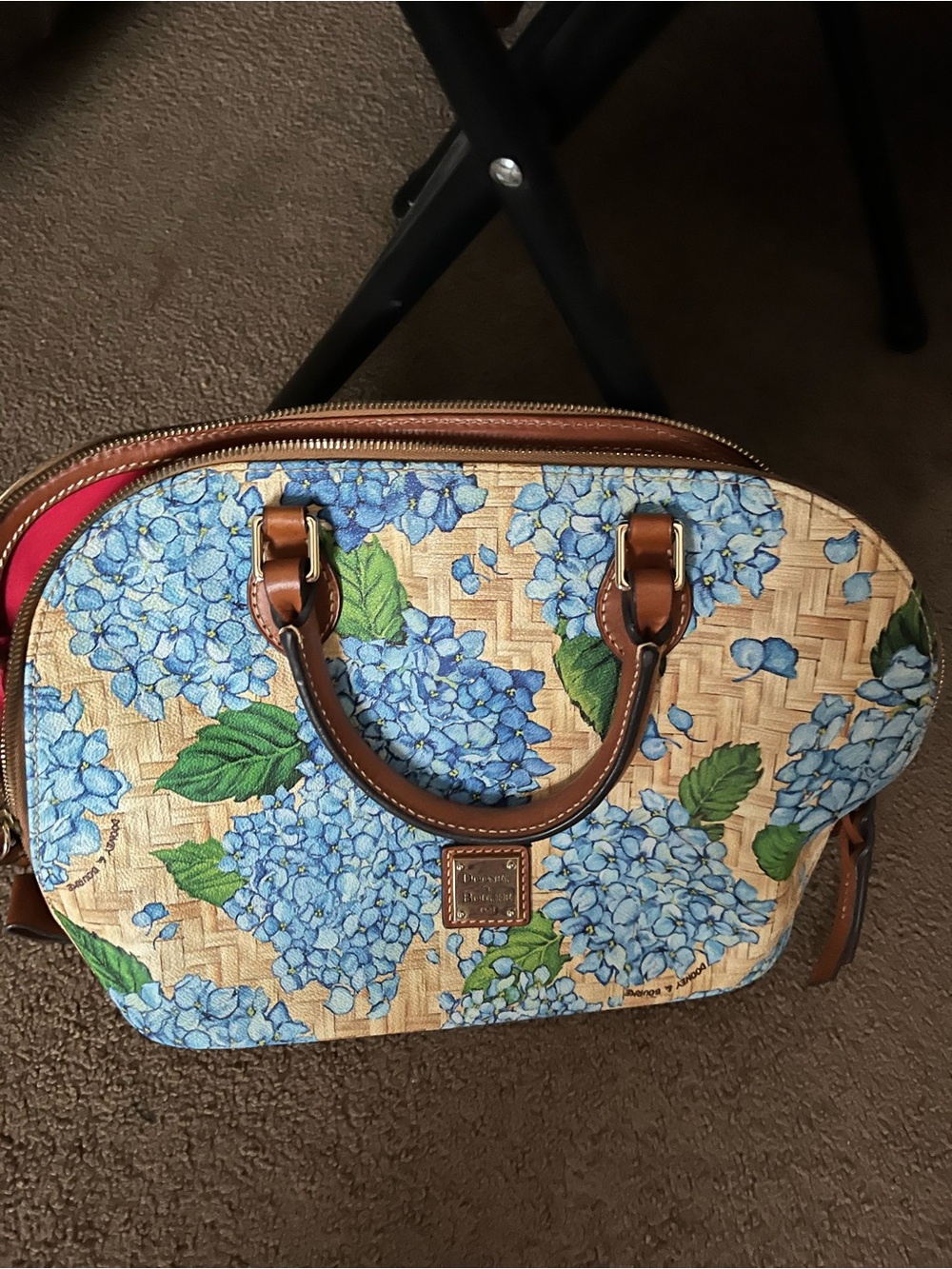 Dooney & Bourke Blue Hydrangea Satchel with Brown Trim and Green Leaves